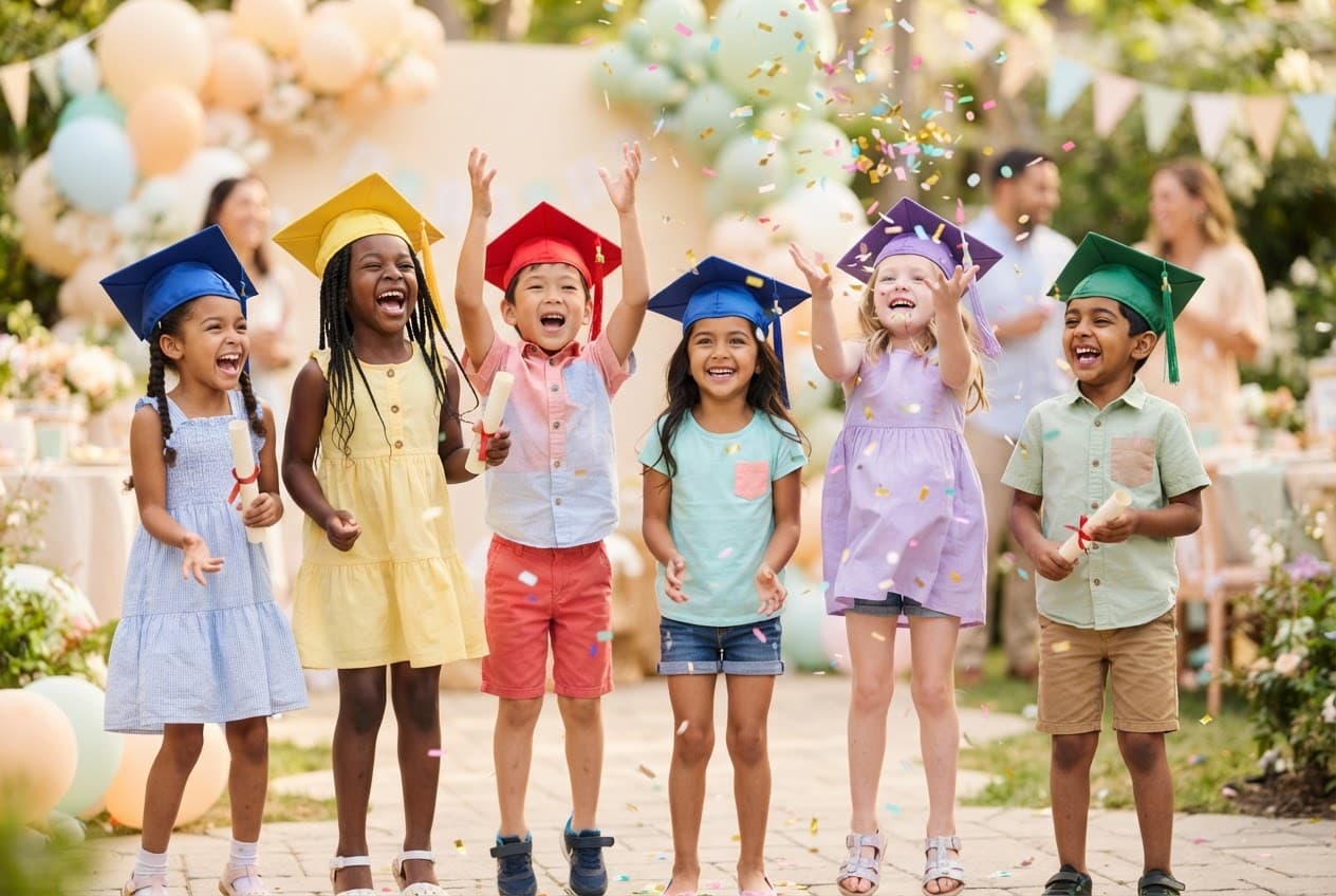 A smiling tutor with a small group of happy, diverse children learning together in a bright classroom